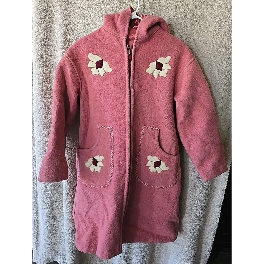 Pink Wool Long Coat Jacket W/ Flower Accents Hooded Pockets Lined Fits Women Med